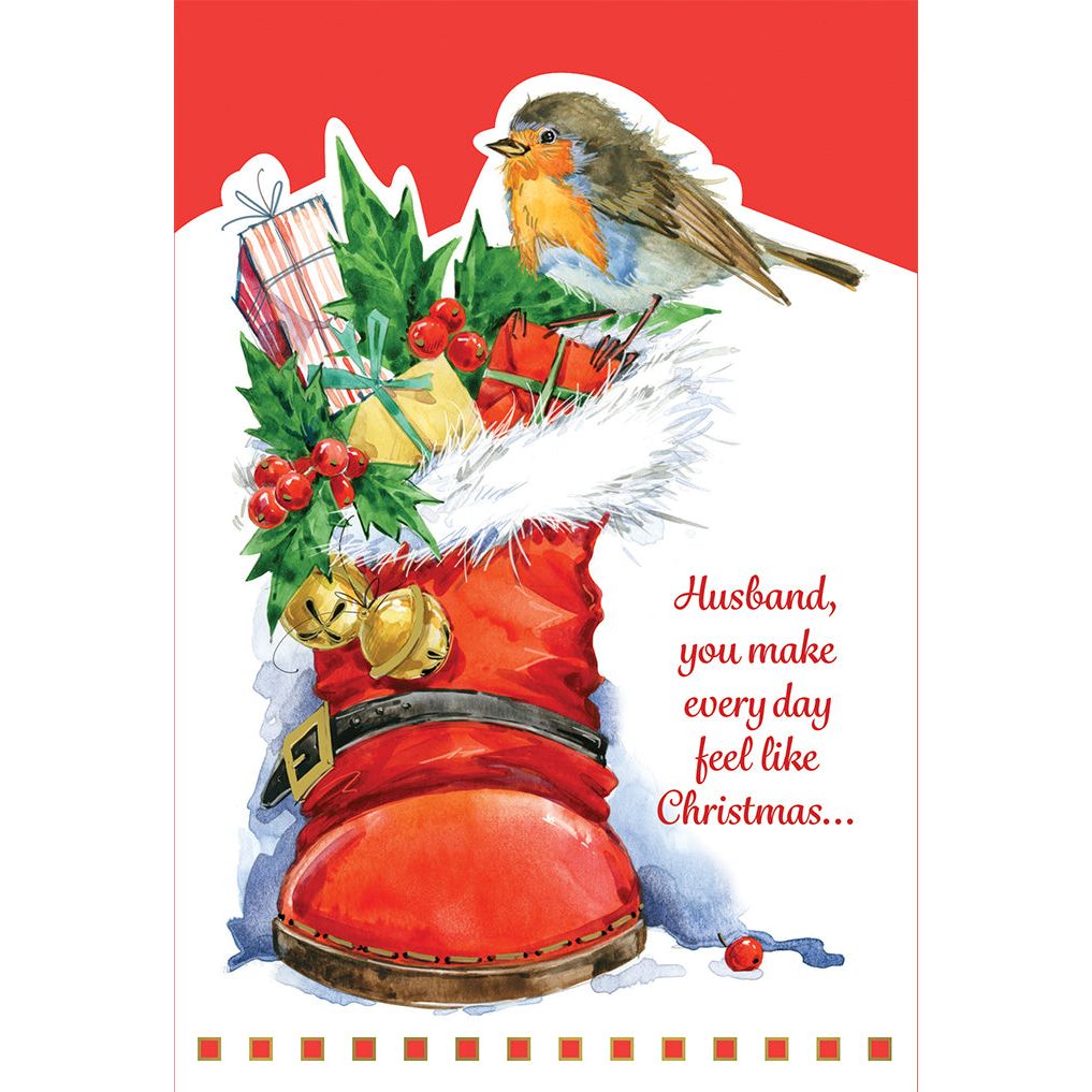 Bird On Red Boot Christmas Card Husband